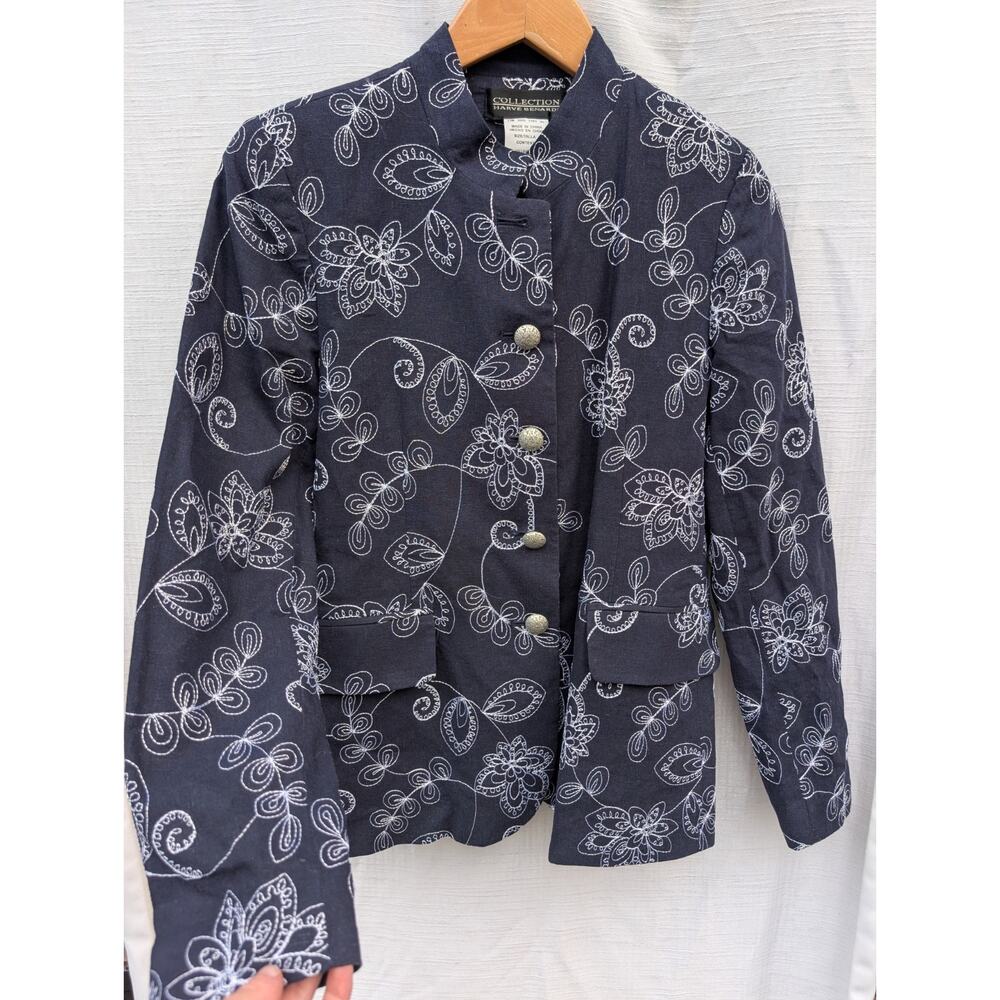 Harve Bernard Vintage Womens Floral Embroidered Linen Blend Blazer 8 artsy‎